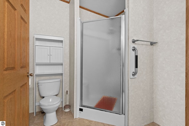 11748 NE Franklin St, Kalkaska, MI 49646 - bathroom featuring a shower stall, toilet, and tile patterned flooring