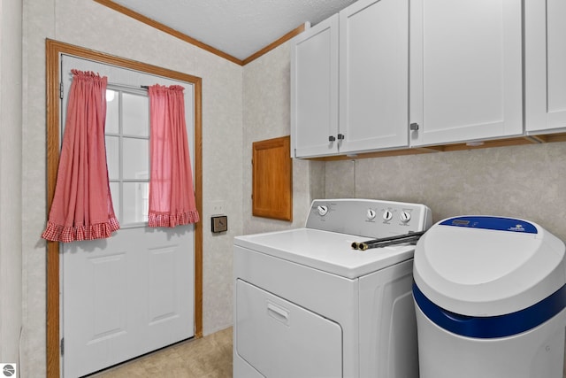 11748 NE Franklin St, Kalkaska, MI 49646 - laundry room with cabinet space, ornamental molding, a textured ceiling, wallpapered walls, and light tile patterned floors