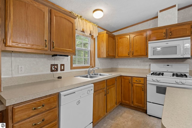 11748 NE Franklin St, Kalkaska, MI 49646 - kitchen featuring white appliances, a sink, light countertops, ornamental molding, and brown cabinets