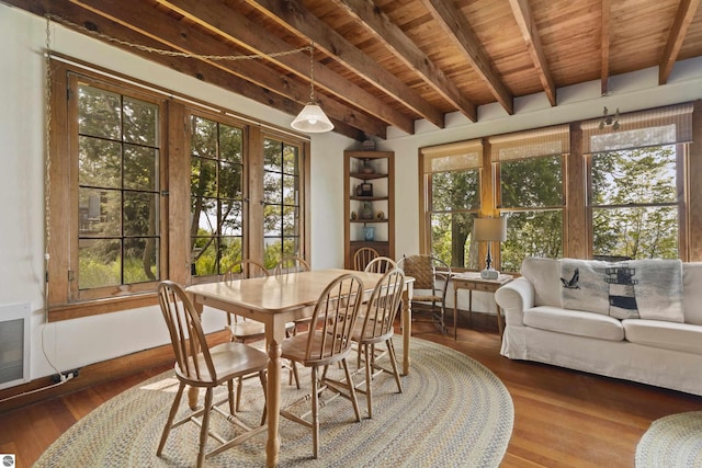 1884 Beech Rd, Frankfort, MI 49635 - dining space with plenty of natural light, wood ceiling with exposed beams, wood finished floors, and heating unit