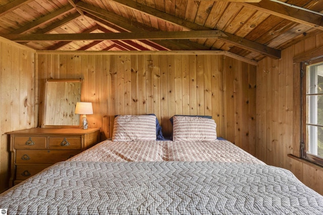 1884 Beech Rd, Frankfort, MI 49635 - unfurnished bedroom with lofted ceiling, wooden walls, and wood ceiling