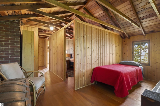 1884 Beech Rd, Frankfort, MI 49635 - bedroom featuring wooden ceiling, wood-type flooring, and wood walls