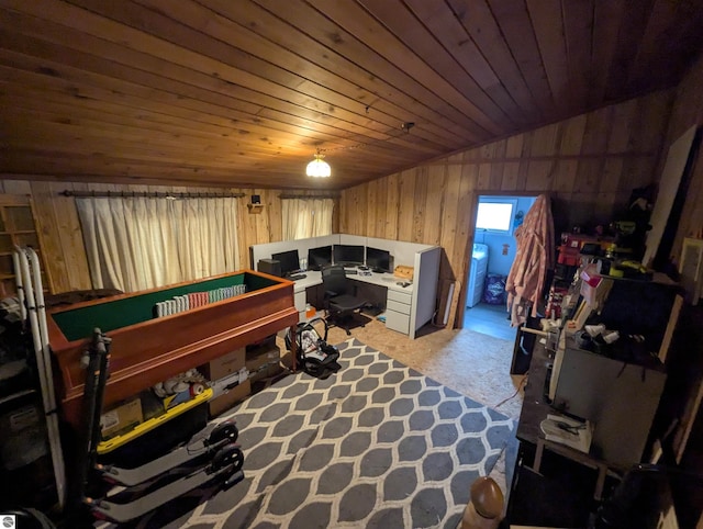 205 Fannie St, Au Gres, MI 48703 - rec room with lofted ceiling, wooden walls, carpet floors, wood ceiling, and an office area