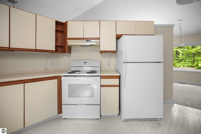 1631 Melody Ln, Interlochen, MI 49643 - kitchen featuring white appliances, under cabinet range hood, light countertops, and open shelves