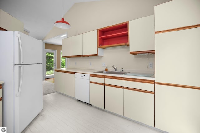 1631 Melody Ln, Interlochen, MI 49643 - kitchen with white appliances, a sink, light countertops, lofted ceiling, and open shelves
