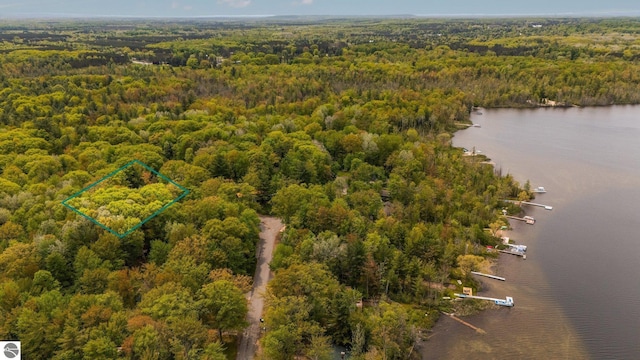 1631 Melody Ln, Interlochen, MI 49643 - view of property location featuring a forest, a nearby body of water, and property boundaries highlighted