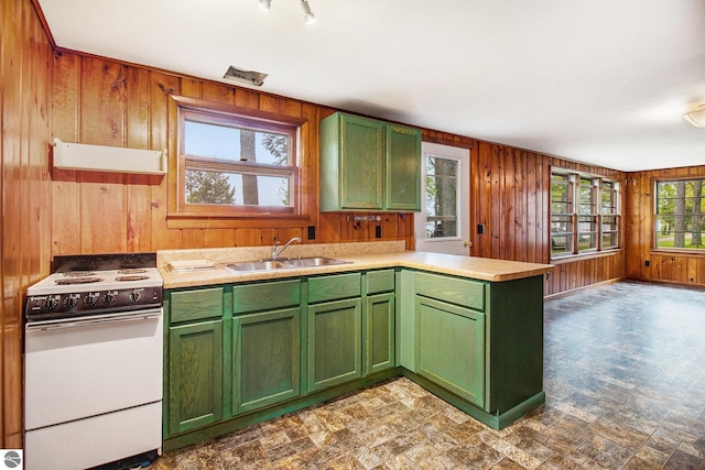 3131 Herron Rd, Frankfort, MI 49635 - kitchen with electric stove, a sink, green cabinetry, wooden walls, and a peninsula