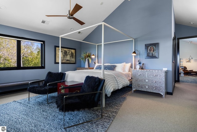 9371 Onominese Trl, Northport, MI 49670 - carpeted bedroom featuring vaulted ceiling and a ceiling fan