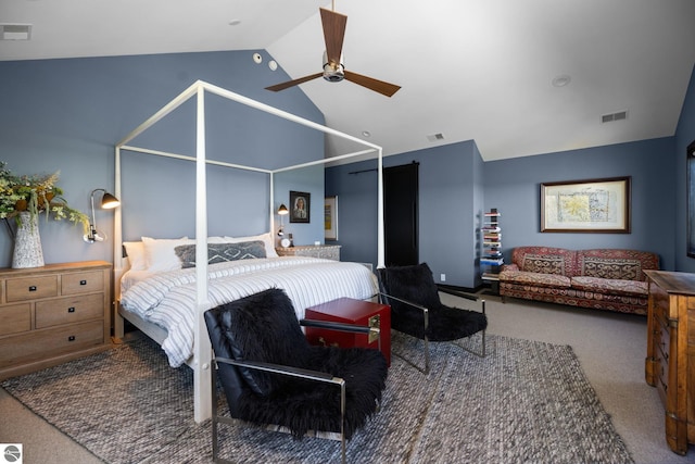 9371 Onominese Trl, Northport, MI 49670 - bedroom featuring high vaulted ceiling, carpet flooring, and a ceiling fan