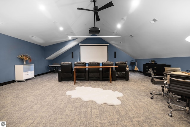 9371 Onominese Trl, Northport, MI 49670 - carpeted home theater room featuring vaulted ceiling, baseboards, and ceiling fan