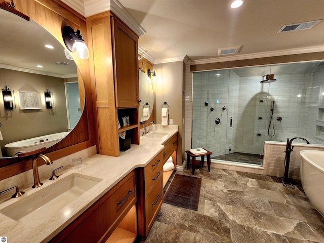 5707 S Lake St Unit 13F, Glen Arbor, MI 49636 - bathroom with ornamental molding, double vanity, a soaking tub, a shower stall, and recessed lighting