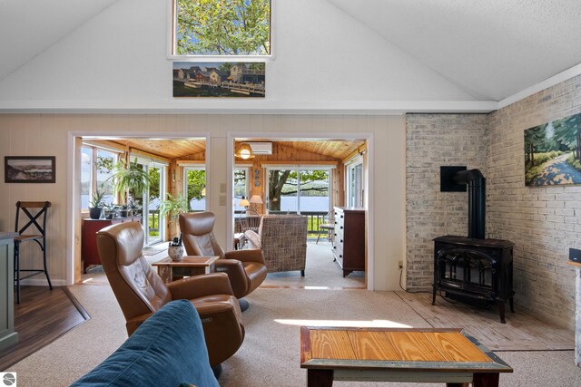 3802 S Grants Lndg, Lake Leelanau, MI 49653 - living area featuring a wood stove, carpet, and high vaulted ceiling