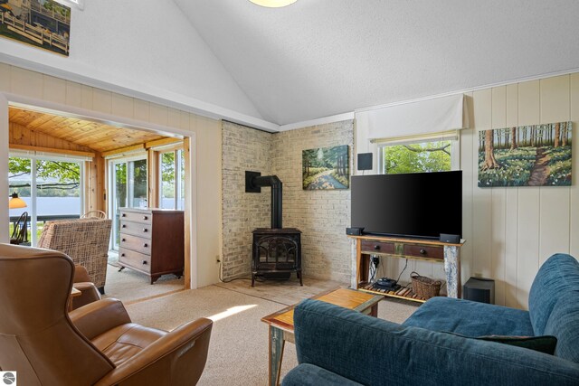 3802 S Grants Lndg, Lake Leelanau, MI 49653 - carpeted living area featuring lofted ceiling and a wood stove