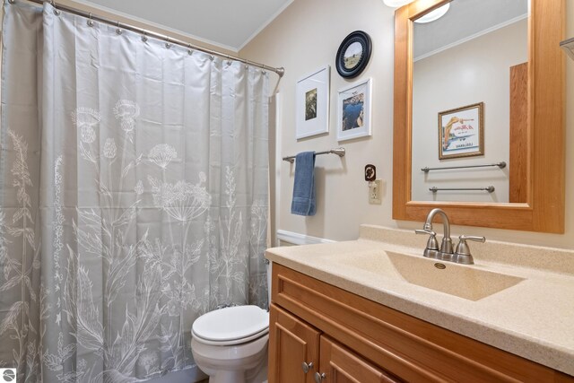 3802 S Grants Lndg, Lake Leelanau, MI 49653 - bathroom with toilet, ornamental molding, vanity, and a shower with curtain