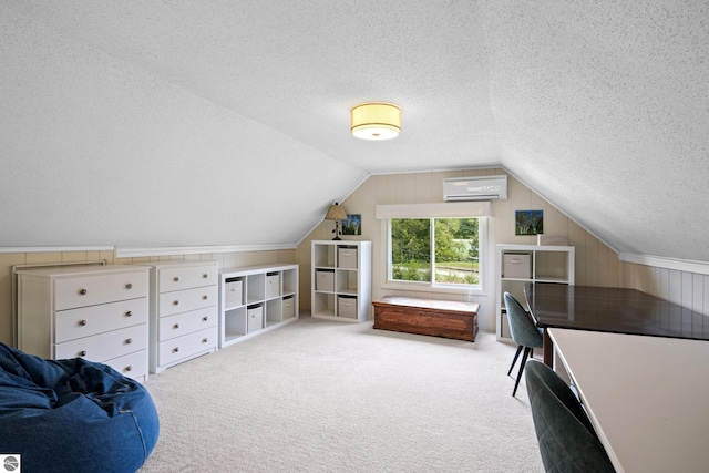 3802 S Grants Lndg, Lake Leelanau, MI 49653 - carpeted bedroom featuring a wall mounted AC, a textured ceiling, vaulted ceiling, and wood walls