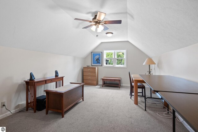 3802 S Grants Lndg, Lake Leelanau, MI 49653 - carpeted office space featuring vaulted ceiling, a ceiling fan, and baseboards