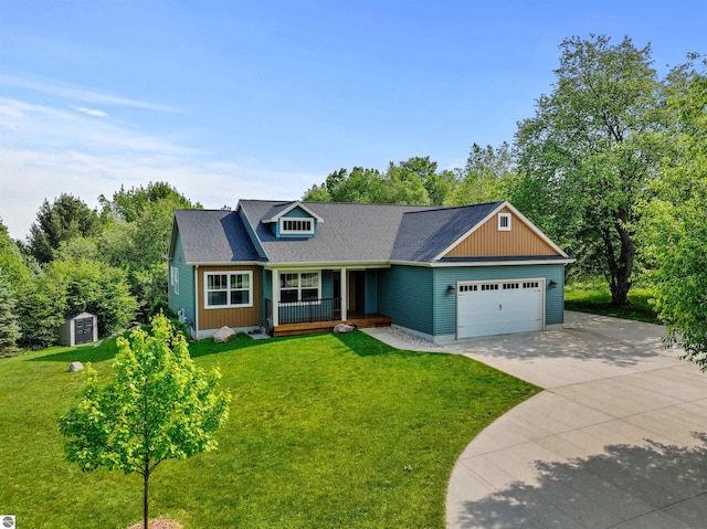 9207 Mockingbird Ln, Cadillac, MI 49601 - view of front facade with covered porch, an attached garage, driveway, and a front yard
