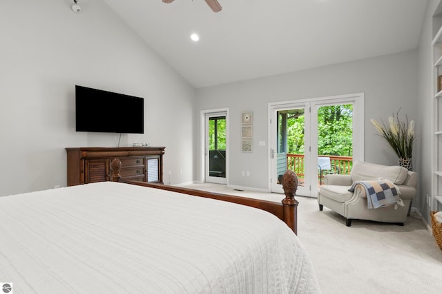 4492 Forest Trl, Bellaire, MI 49615 - bedroom featuring access to exterior, light colored carpet, high vaulted ceiling, recessed lighting, and ceiling fan