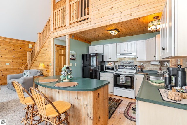 1715 Sunrise Dr, Greenbush, MI 48738 - kitchen featuring electric range, freestanding refrigerator, under cabinet range hood, stainless steel microwave, and a sink