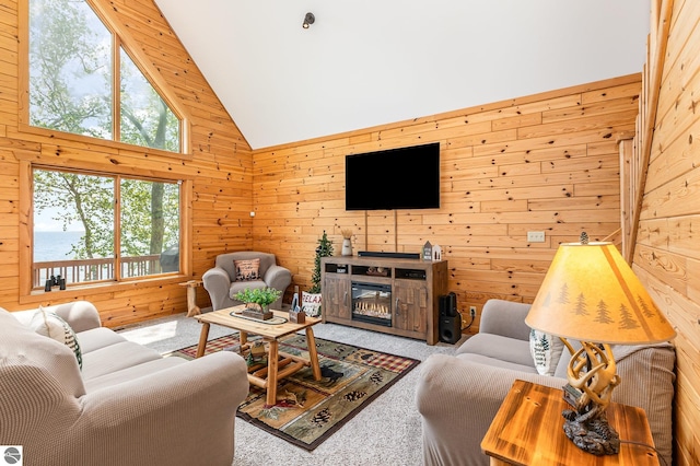 1715 Sunrise Dr, Greenbush, MI 48738 - living area with wooden walls, carpet floors, a glass covered fireplace, and high vaulted ceiling