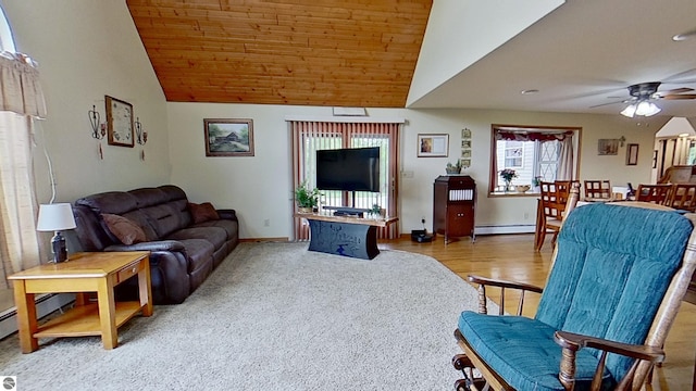 9755 E Deerfield Rd, Shepherd, MI 48883 - living room featuring lofted ceiling, a ceiling fan, baseboard heating, wooden ceiling, and baseboards