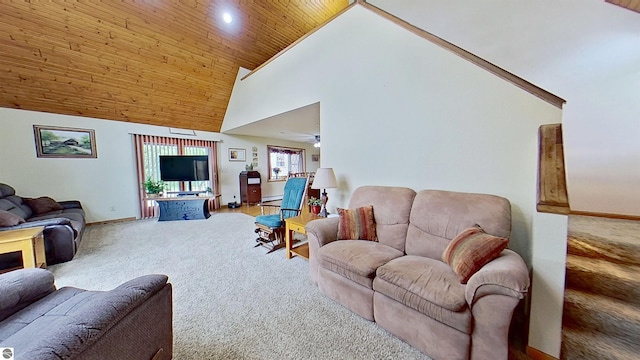 9755 E Deerfield Rd, Shepherd, MI 48883 - carpeted living area with high vaulted ceiling, baseboards, and ceiling fan