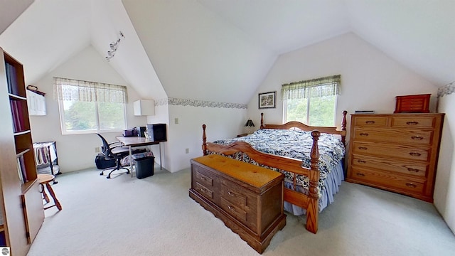 9755 E Deerfield Rd, Shepherd, MI 48883 - bedroom featuring carpet floors, lofted ceiling, and an office area