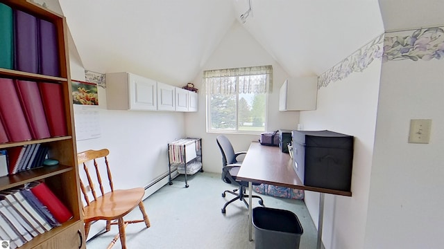 9755 E Deerfield Rd, Shepherd, MI 48883 - office space featuring carpet, vaulted ceiling, and a baseboard heating unit