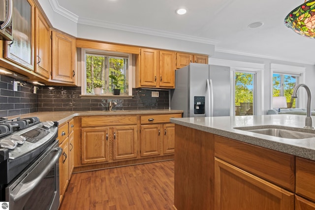 2664 Chandler Rd, Traverse City, MI 49686 - kitchen with appliances with stainless steel finishes, a sink, crown molding, wood finished floors, and decorative backsplash