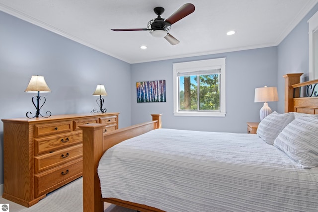 2664 Chandler Rd, Traverse City, MI 49686 - bedroom featuring carpet, crown molding, recessed lighting, and a ceiling fan