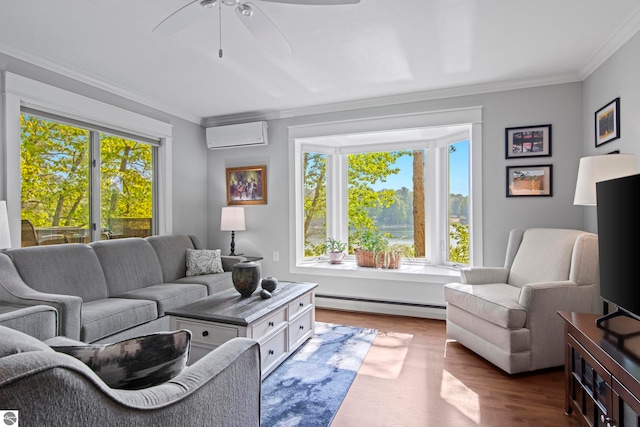 2664 Chandler Rd, Traverse City, MI 49686 - living area featuring baseboard heating, ornamental molding, ceiling fan, wood finished floors, and plenty of natural light
