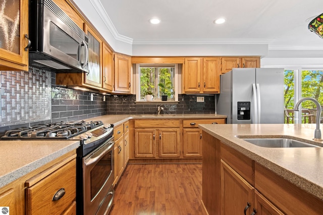 2664 Chandler Rd, Traverse City, MI 49686 - kitchen featuring appliances with stainless steel finishes, a sink, crown molding, light wood-style flooring, and light countertops