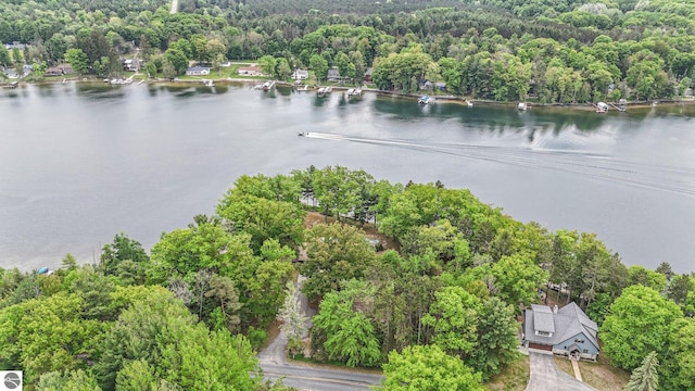 9017 Clam Lake Rd, Bellaire, MI 49615 - aerial overview of property's location with a heavily wooded area and a large body of water