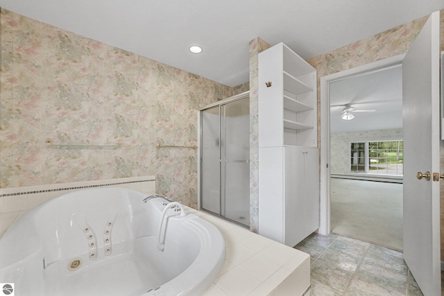 9017 Clam Lake Rd, Bellaire, MI 49615 - bathroom with wallpapered walls, a stall shower, a jetted tub, and ceiling fan