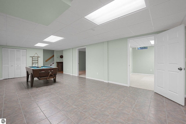 9017 Clam Lake Rd, Bellaire, MI 49615 - rec room featuring billiards table, a paneled ceiling, and baseboards