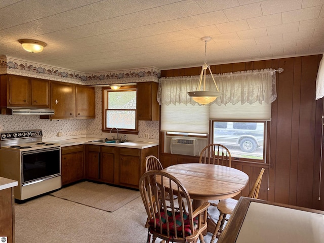 217 Evans St, East Tawas, MI 48730 - kitchen featuring electric stove, exhaust hood, a sink, light countertops, and brown cabinets