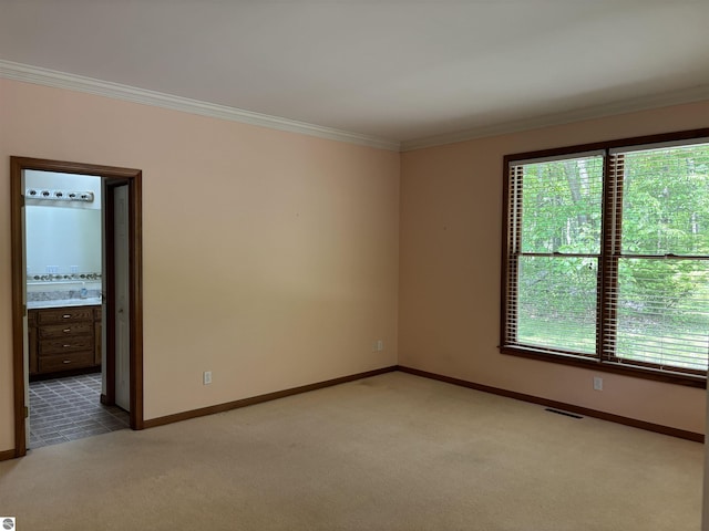 5867 Huron Woods Dr, Tawas City, MI 48763 - empty room featuring light colored carpet, crown molding, plenty of natural light, and baseboards
