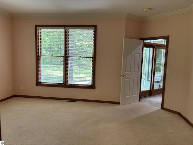 5867 Huron Woods Dr, Tawas City, MI 48763 - empty room with healthy amount of natural light, light colored carpet, baseboards, ornamental molding, and a smoke detector