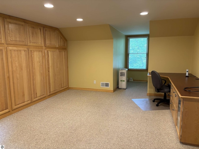 5867 Huron Woods Dr, Tawas City, MI 48763 - home office featuring recessed lighting, light colored carpet, baseboards, and lofted ceiling