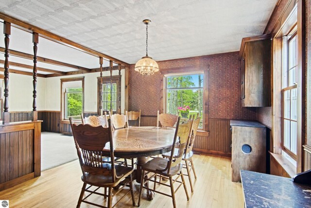 12570 N Cathead Point Rd, Northport, MI 49670 - dining space featuring a wainscoted wall, light wood-style floors, a chandelier, wallpapered walls, and wooden walls