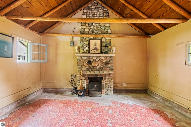 12570 N Cathead Point Rd, Northport, MI 49670 - unfurnished living room featuring wood ceiling and concrete flooring