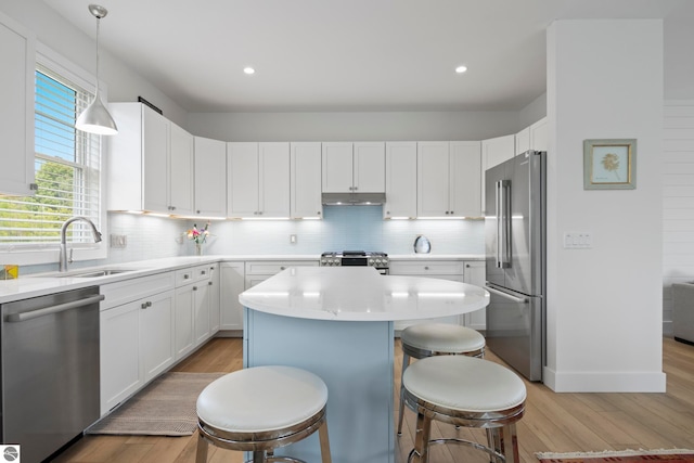 5896 S Cummings St, Suttons Bay, MI 49682 - kitchen featuring stainless steel appliances, a sink, under cabinet range hood, light wood finished floors, and recessed lighting