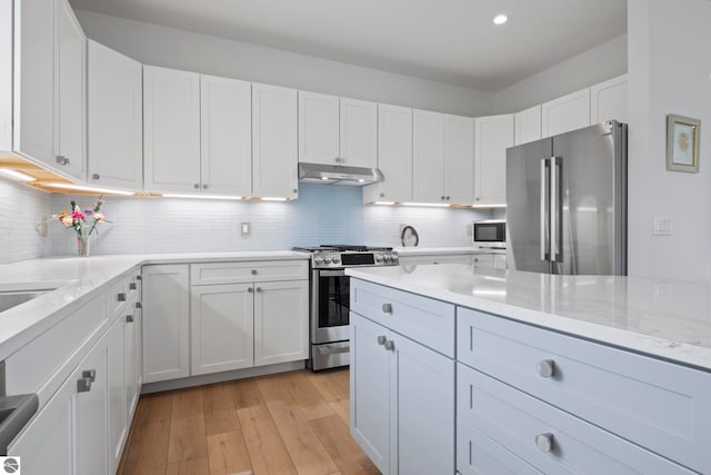 5896 S Cummings St, Suttons Bay, MI 49682 - kitchen featuring appliances with stainless steel finishes, under cabinet range hood, white cabinets, decorative backsplash, and recessed lighting