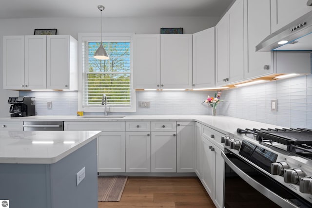 5896 S Cummings St, Suttons Bay, MI 49682 - kitchen with under cabinet range hood, appliances with stainless steel finishes, a sink, and white cabinetry