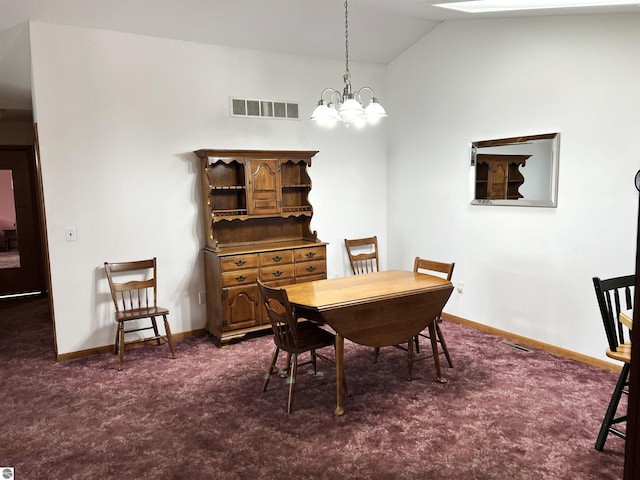 1619 E Gaylord St Unit A, Mount Pleasant, MI 48858 - dining room with dark carpet, vaulted ceiling, a chandelier, and baseboards