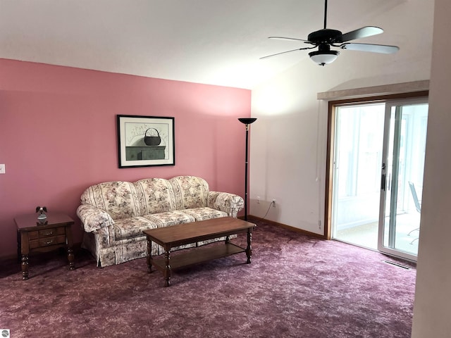 1619 E Gaylord St Unit A, Mount Pleasant, MI 48858 - living area with carpet flooring, lofted ceiling, a ceiling fan, and baseboards