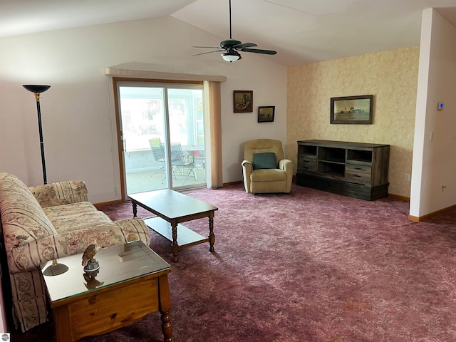 1619 E Gaylord St Unit A, Mount Pleasant, MI 48858 - carpeted living area with a ceiling fan, vaulted ceiling, and baseboards