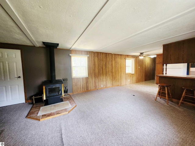 3764 E N Down River Rd, Grayling, MI 49738 - unfurnished living room featuring a wood stove, wooden walls, plenty of natural light, carpet floors, and a textured ceiling