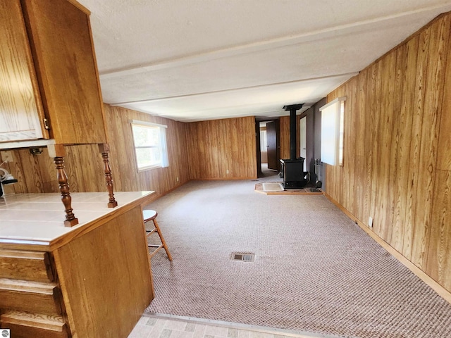 3764 E N Down River Rd, Grayling, MI 49738 - unfurnished living room featuring wooden walls, a wood stove, and light colored carpet