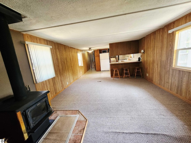 3764 E N Down River Rd, Grayling, MI 49738 - unfurnished living room with a wood stove, wood walls, light carpet, baseboards, and a textured ceiling